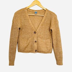 Old Navy Wool Blend Tan Ribbed Chunky Knit Cropped Cardigan Pockets Cropped Sz S